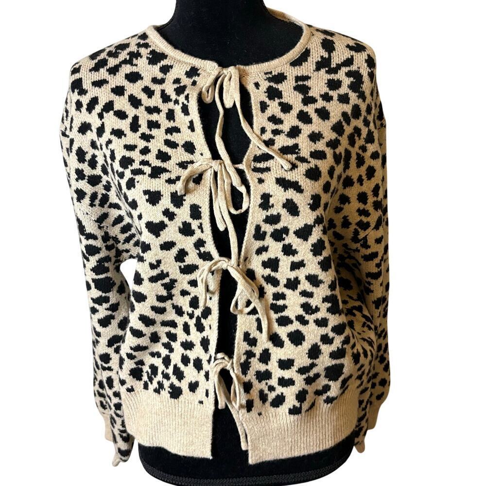 Sunday Edition Leopard Print Tie Front Cardigan Size L Coquette Bow Knit​​